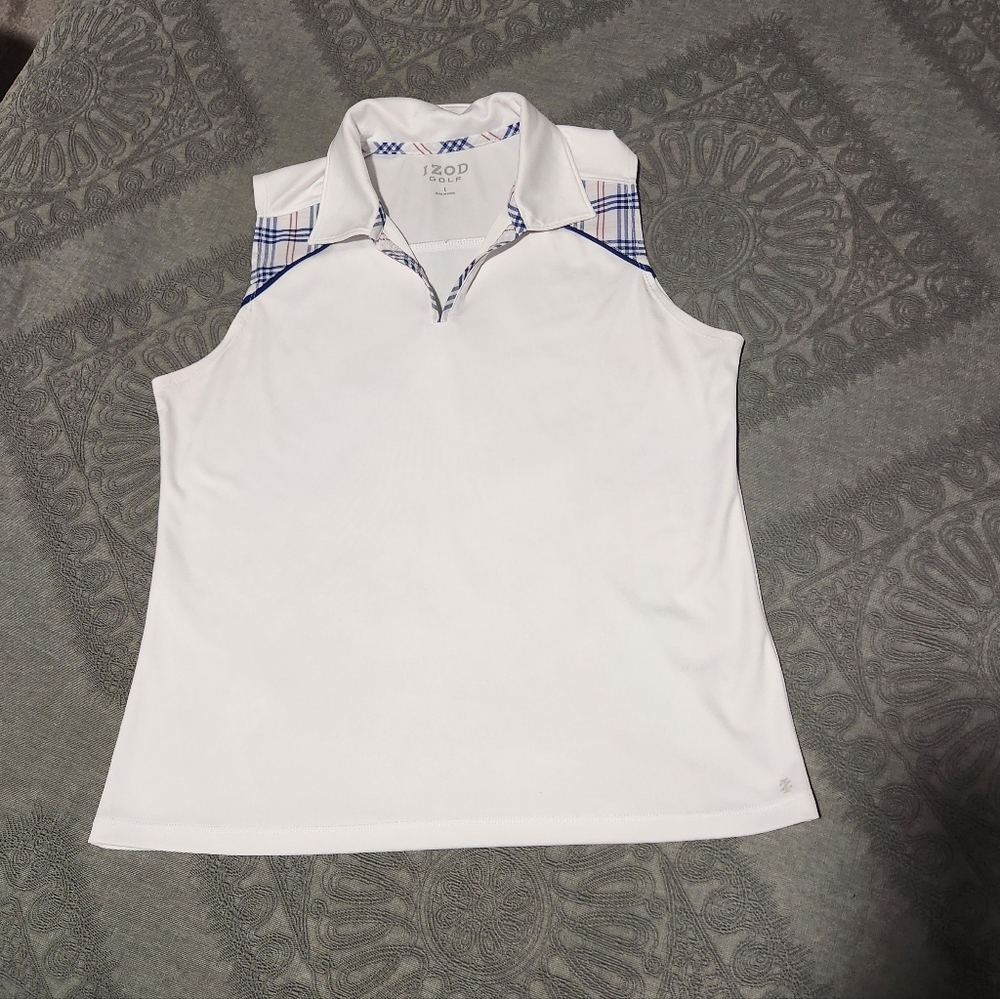IZOD Women's White and Blue Sleeveless Polo Top